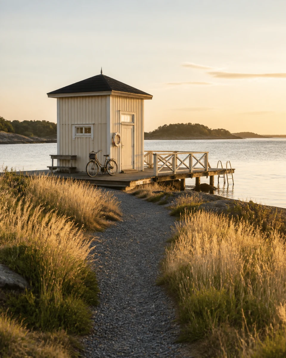 En sti som leder til en liten badepaviljong og brygge i varmt kveldslys