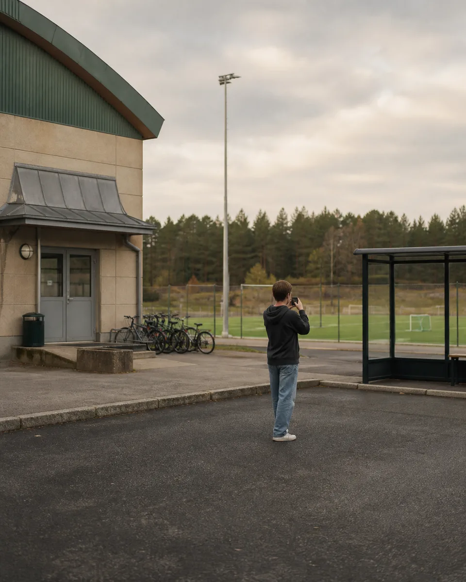 A young person photographing a recognizable pickup point by a Norwegian sports field