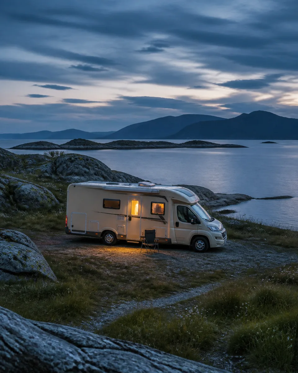 A motorhome at a quiet unnamed camping spot beside the Norwegian coast