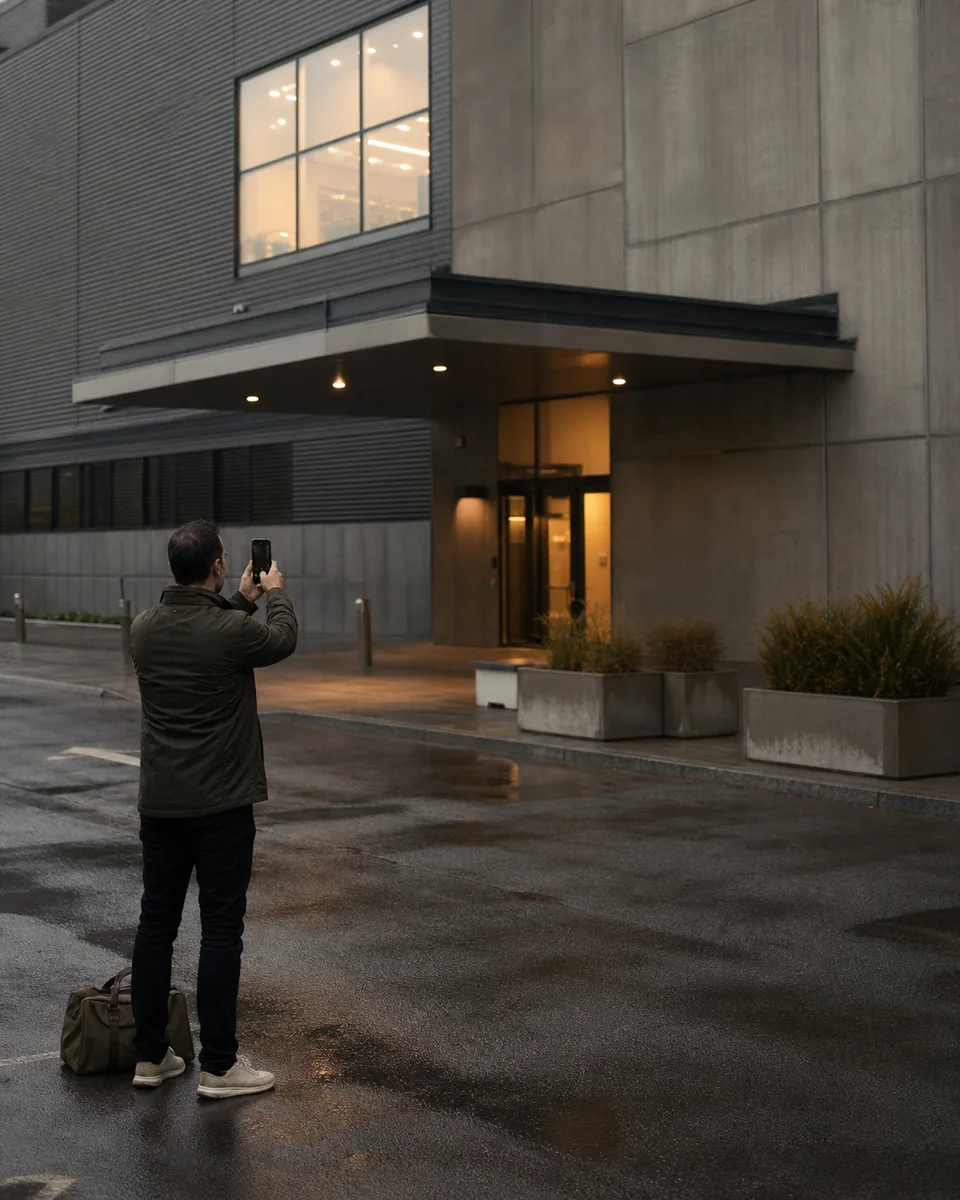 A traveler photographing the exact side entrance where they want to be picked up
